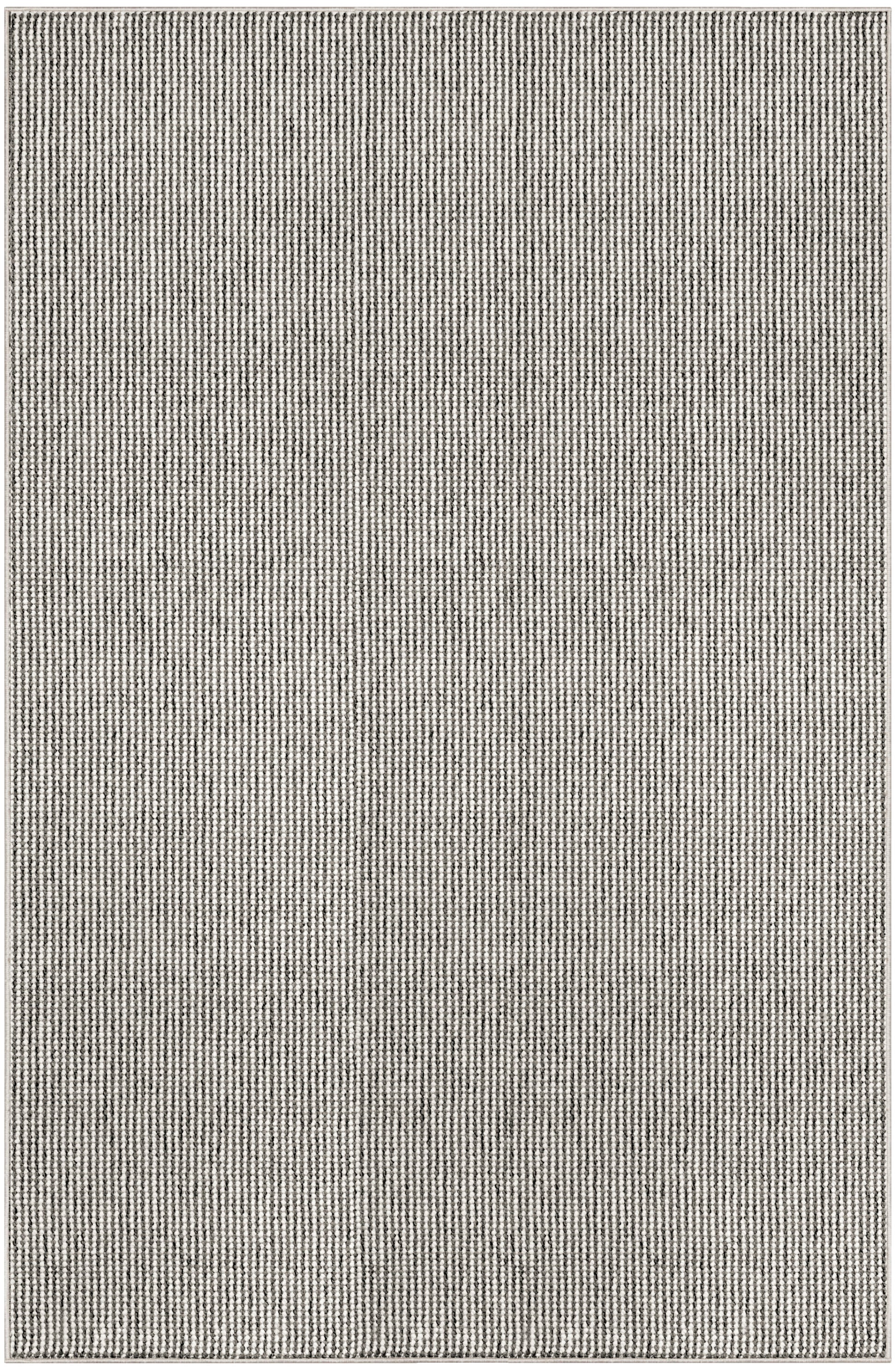 Grey woven area rug with subtle vertical stripe texture; rectangular, modern neutral decor for living room.