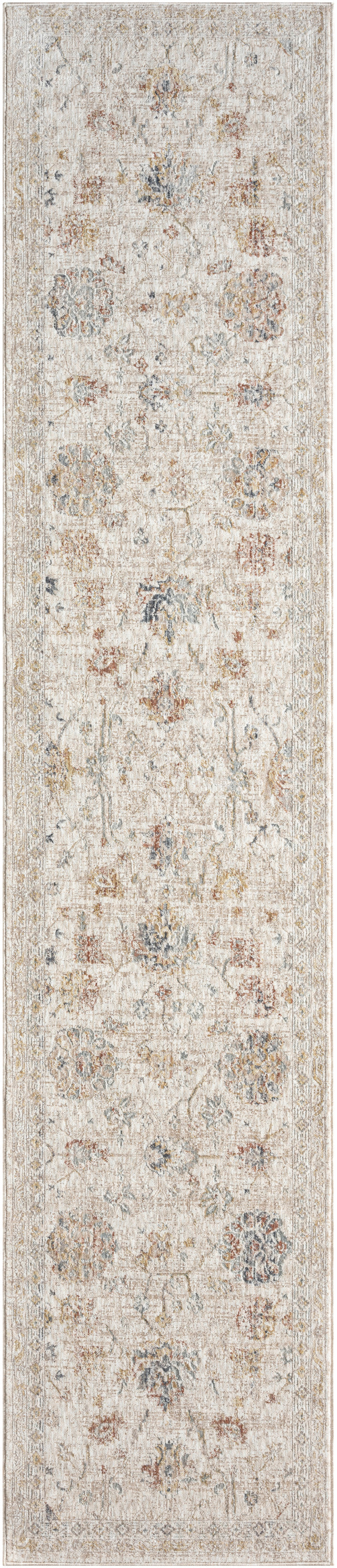 Long beige distressed runner rug with faded circular floral motifs in taupe and gray; vintage woven textile.
