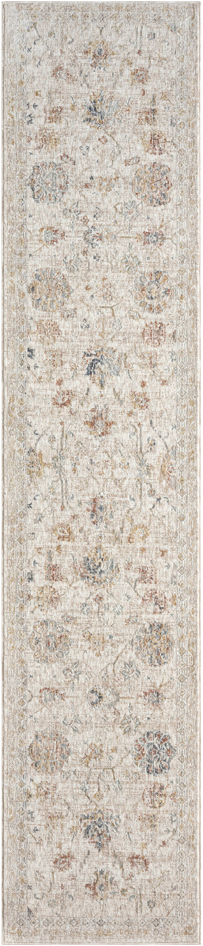 Long beige distressed runner rug with faded circular floral motifs in taupe and gray; vintage woven textile.