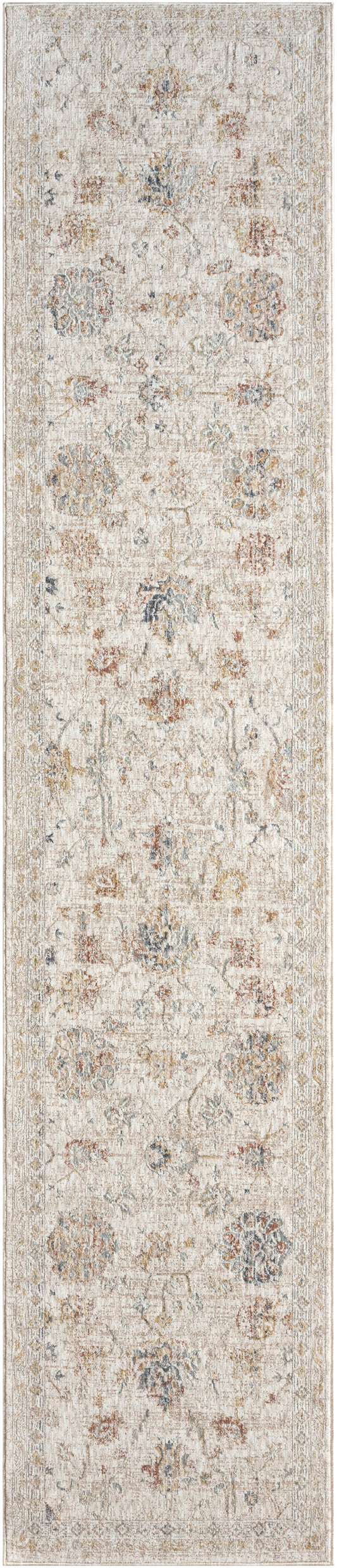Long beige distressed runner rug with faded circular floral motifs in taupe and gray; vintage woven textile.