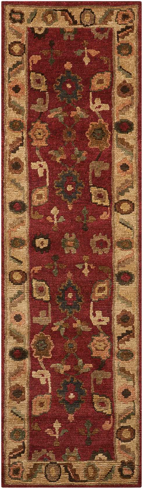 Traditional oriental runner rug with a burgundy center field, beige border, and multicolor floral motifs; hallway decor.