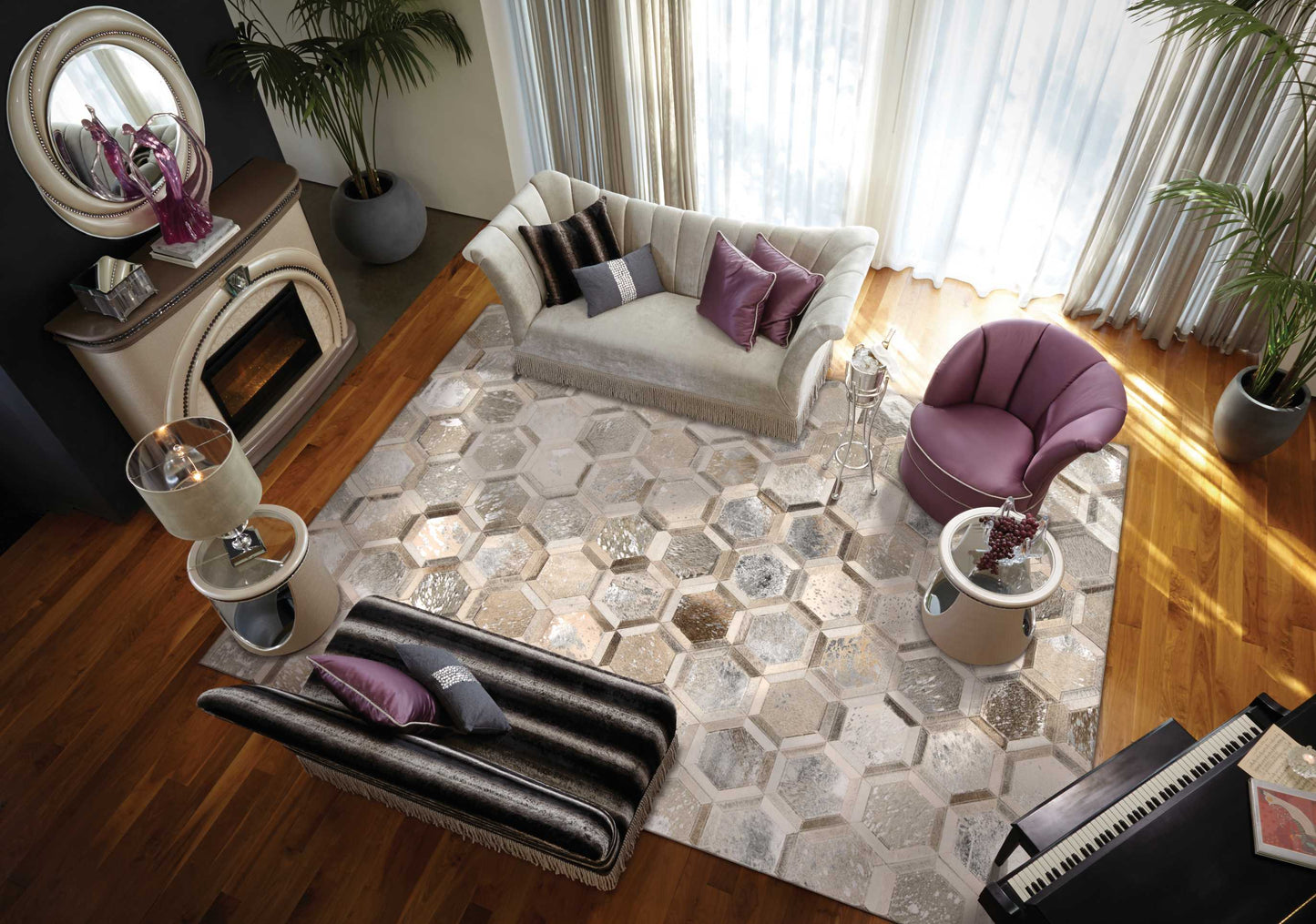 Contemporary living room with hexagon-pattern rug, beige sofa with purple cushions, plum curved chair, velvet chaise, piano.