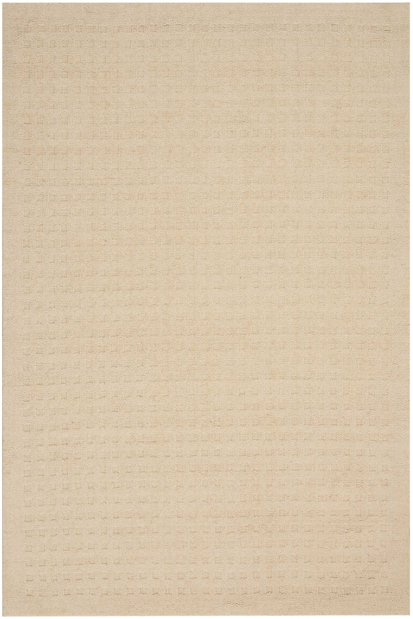Beige area rug with soft woven texture and warm neutral tone.
