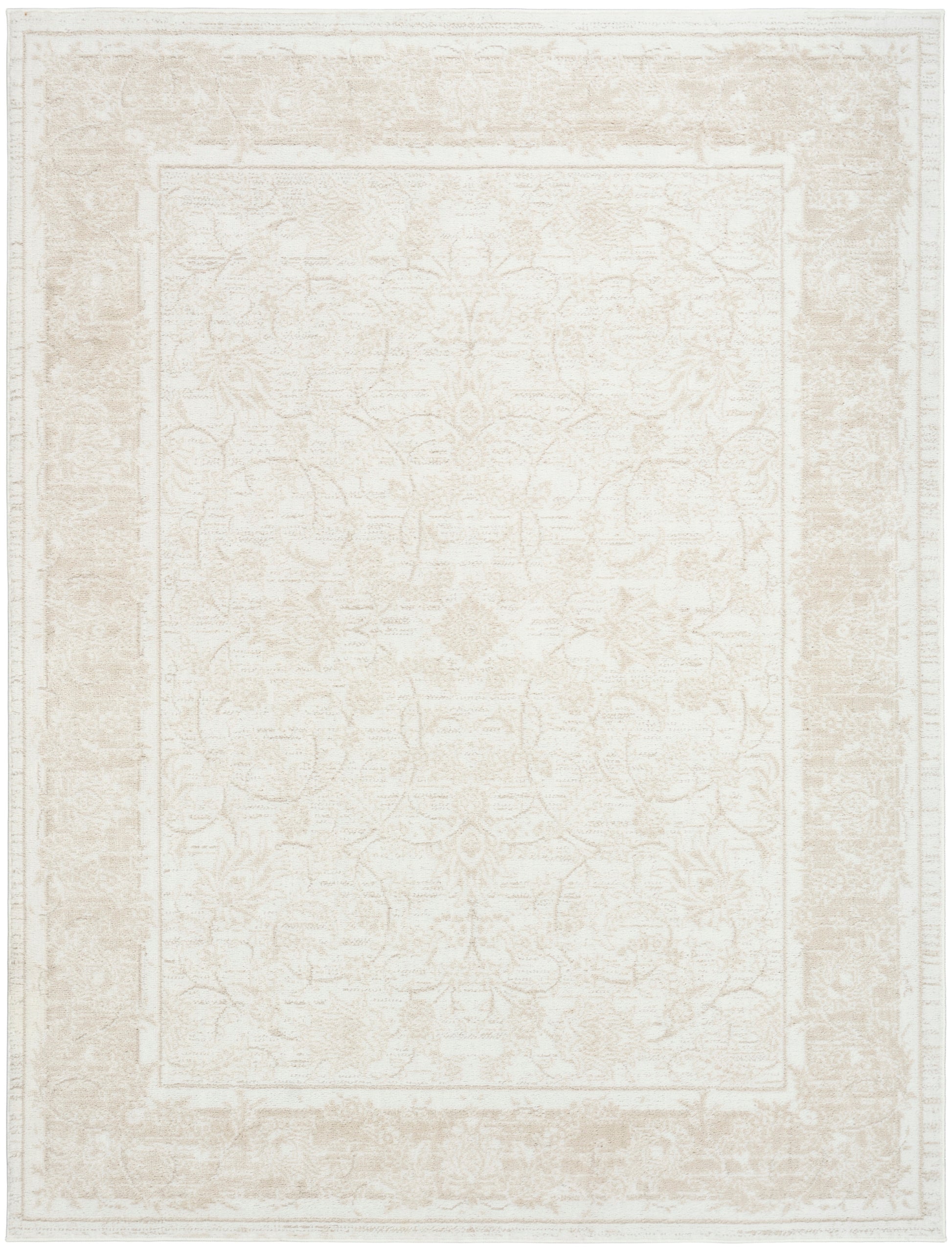 Cream-beige Persian-style area rug with subtle antique floral medallion and layered border.