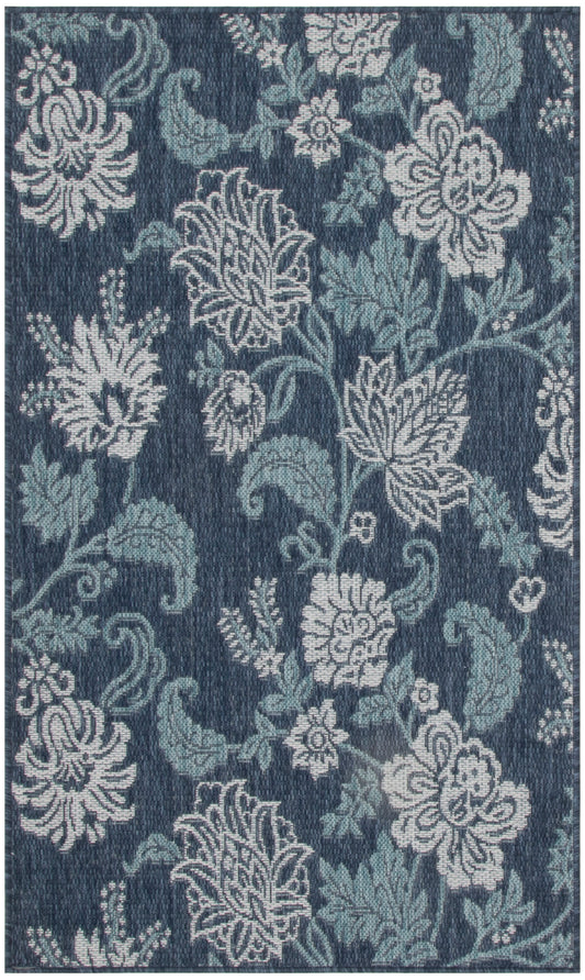 Dark blue rug with a damask floral pattern in light cream & teal and scrolling leaves, 3' x 5'.
