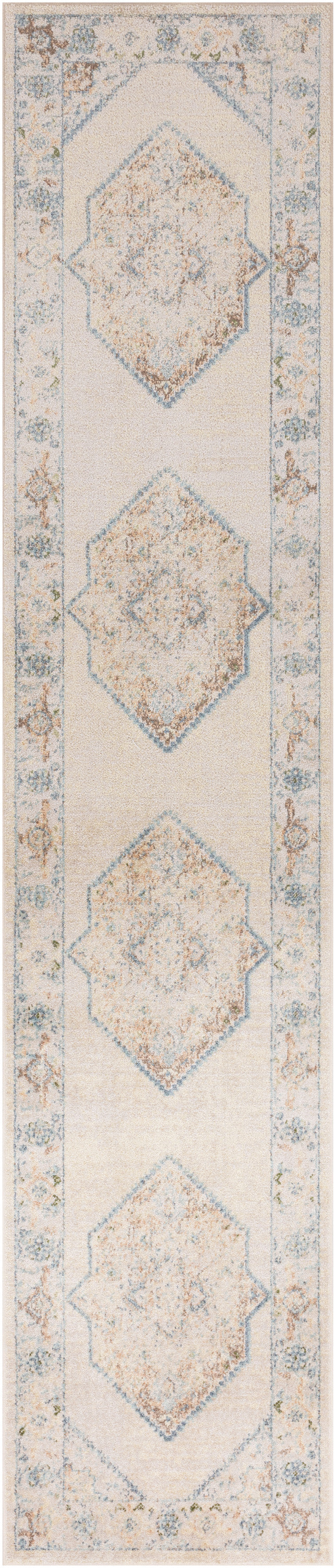 Beige runner rug with pale blue border and vertical row of diamond floral medallions in blue and taupe.