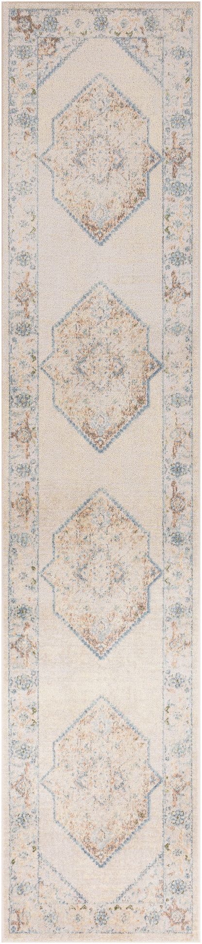 Beige runner rug with pale blue border and vertical row of diamond floral medallions in blue and taupe.