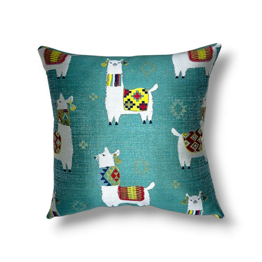 20" Aqua, White, Multi Polyester Pillow Cover in Calico Alpaca Play – Aqua Fabric