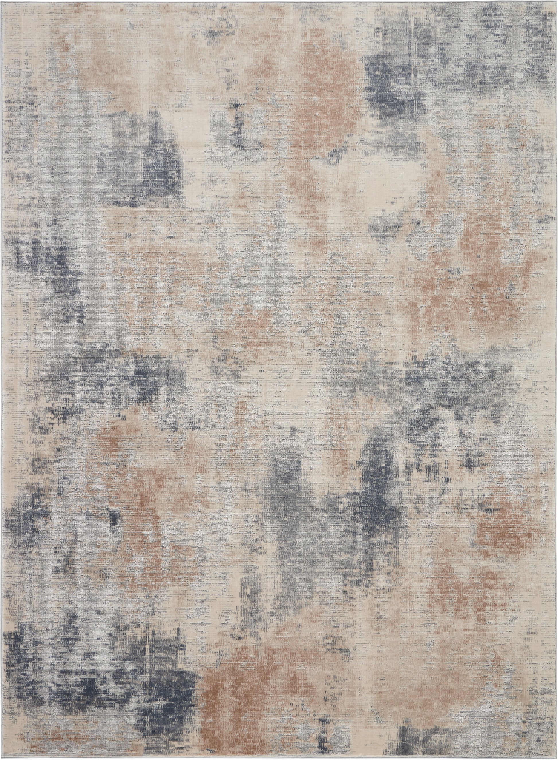 Rectangular abstract area rug with beige, taupe and blue-gray patches in a distressed modern pattern.