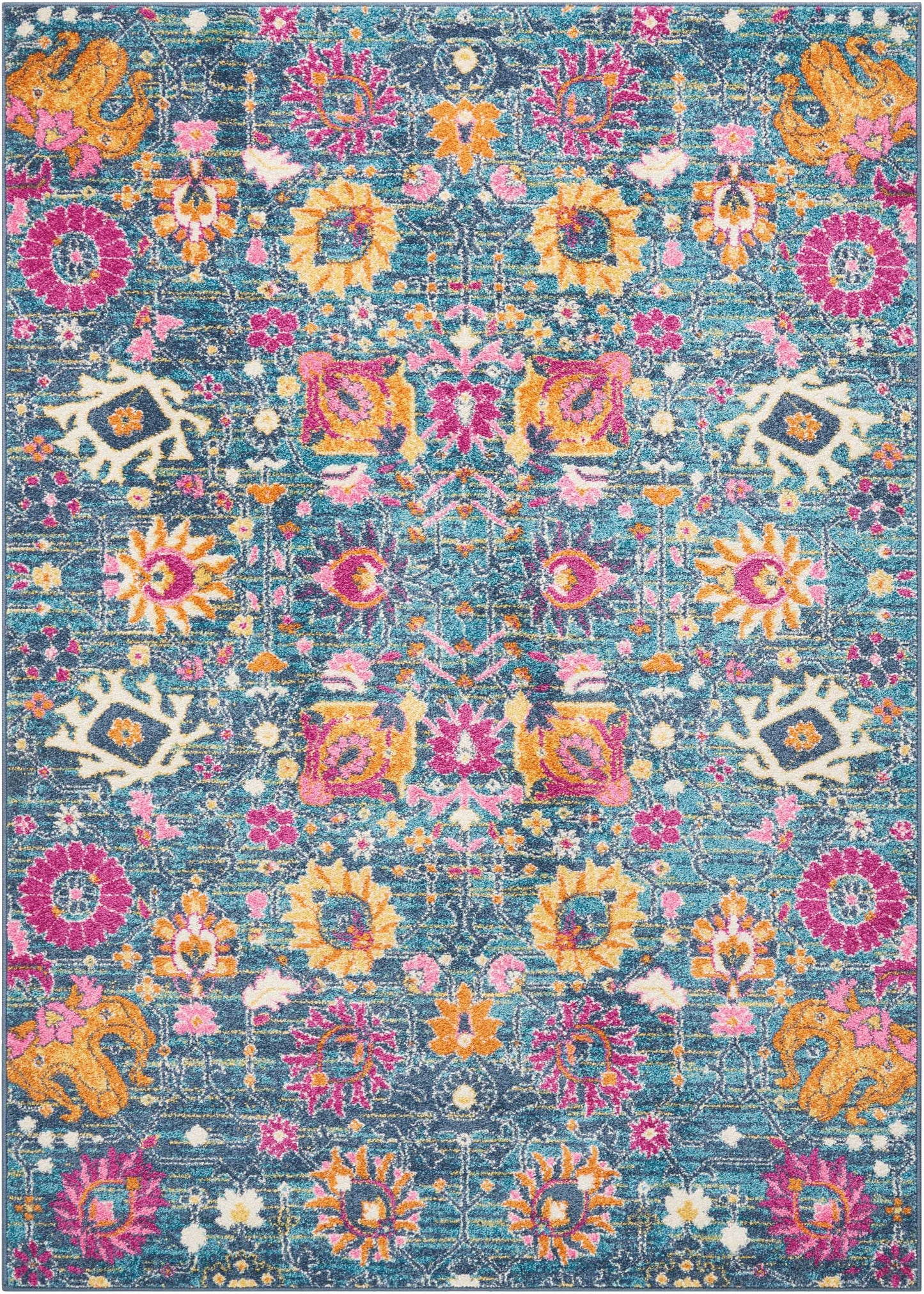 Vibrant teal area rug with pink, yellow and orange floral motifs and geometric medallions in an ornate pattern.