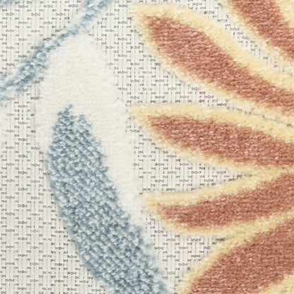 Close-up of a 3' x 4' outdoor rug with a blue-gray leaf motif beside tan-gold leaf shapes on a cream woven background.