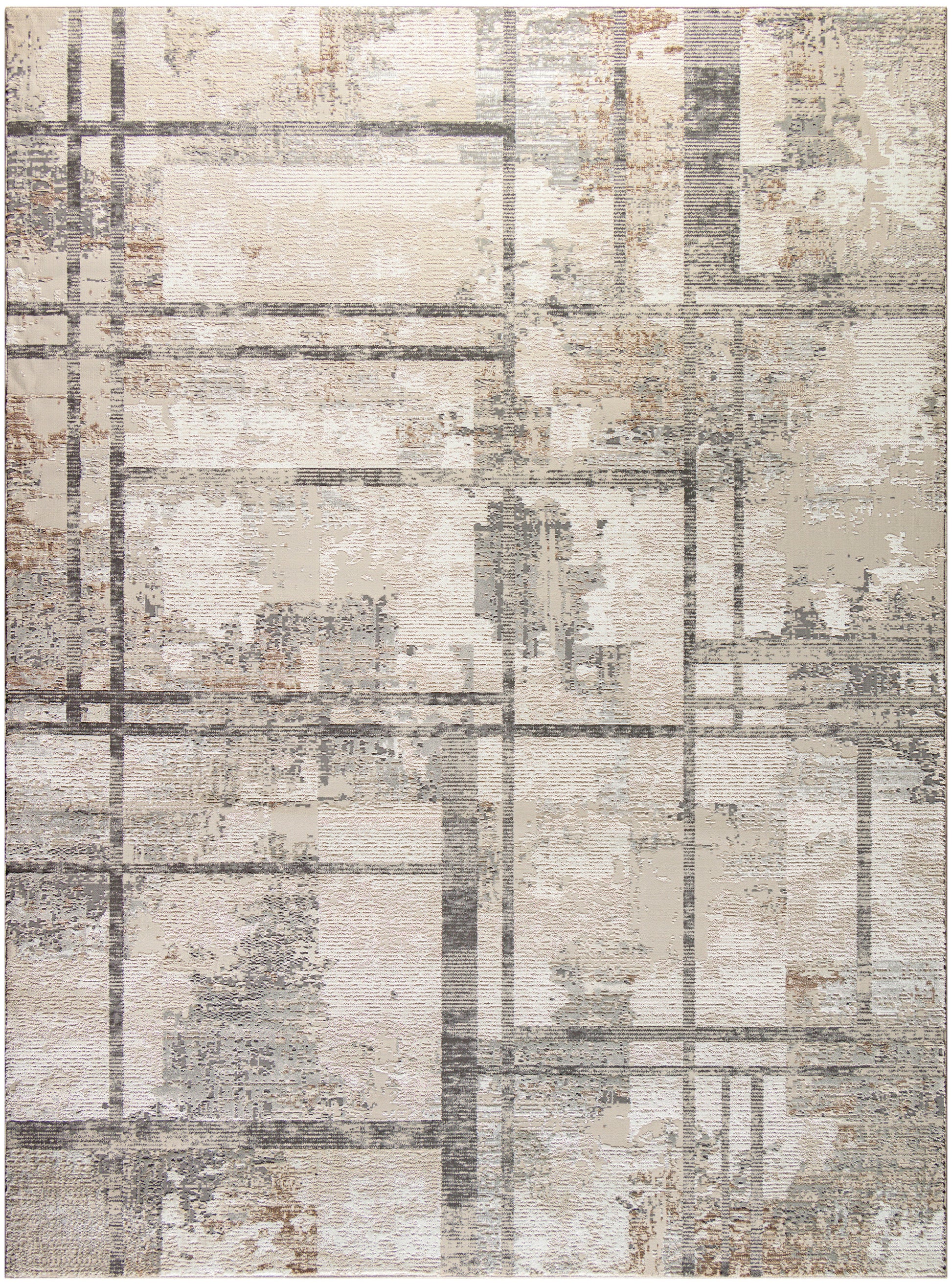 Abstract beige rug with distressed gray plaid lines in a modern geometric pattern.