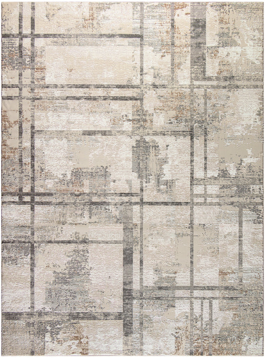 Abstract beige rug with distressed gray plaid lines in a modern geometric pattern.