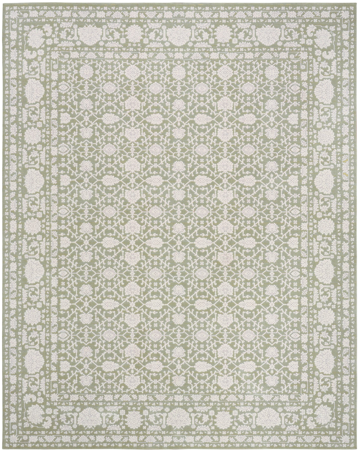 Rectangular pale gray-beige rug with ivory lattice floral pattern and double border, traditional indoor decor.
