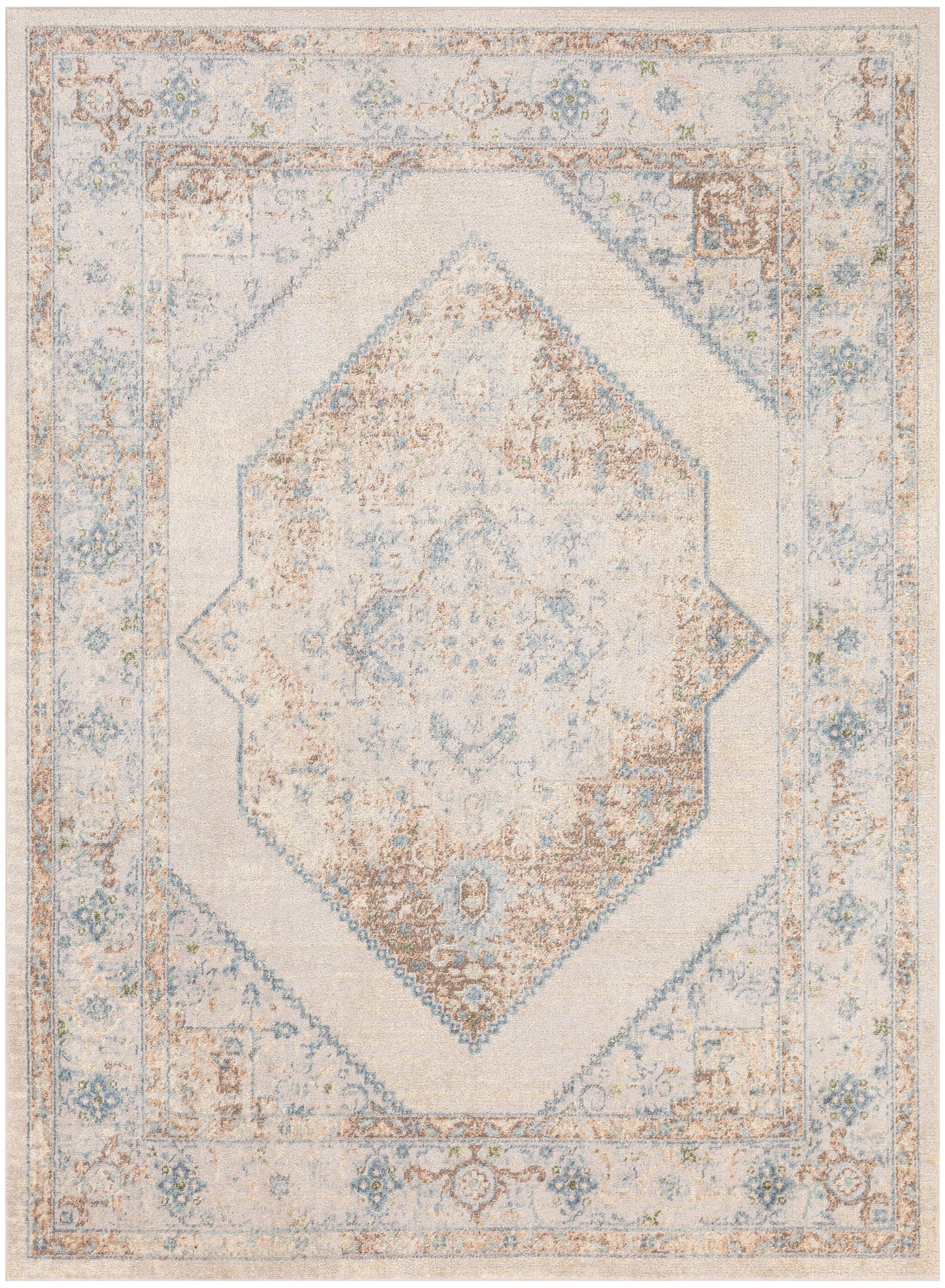 Distressed cream and pale blue oriental area rug with a central diamond medallion and antique-inspired ornate border.