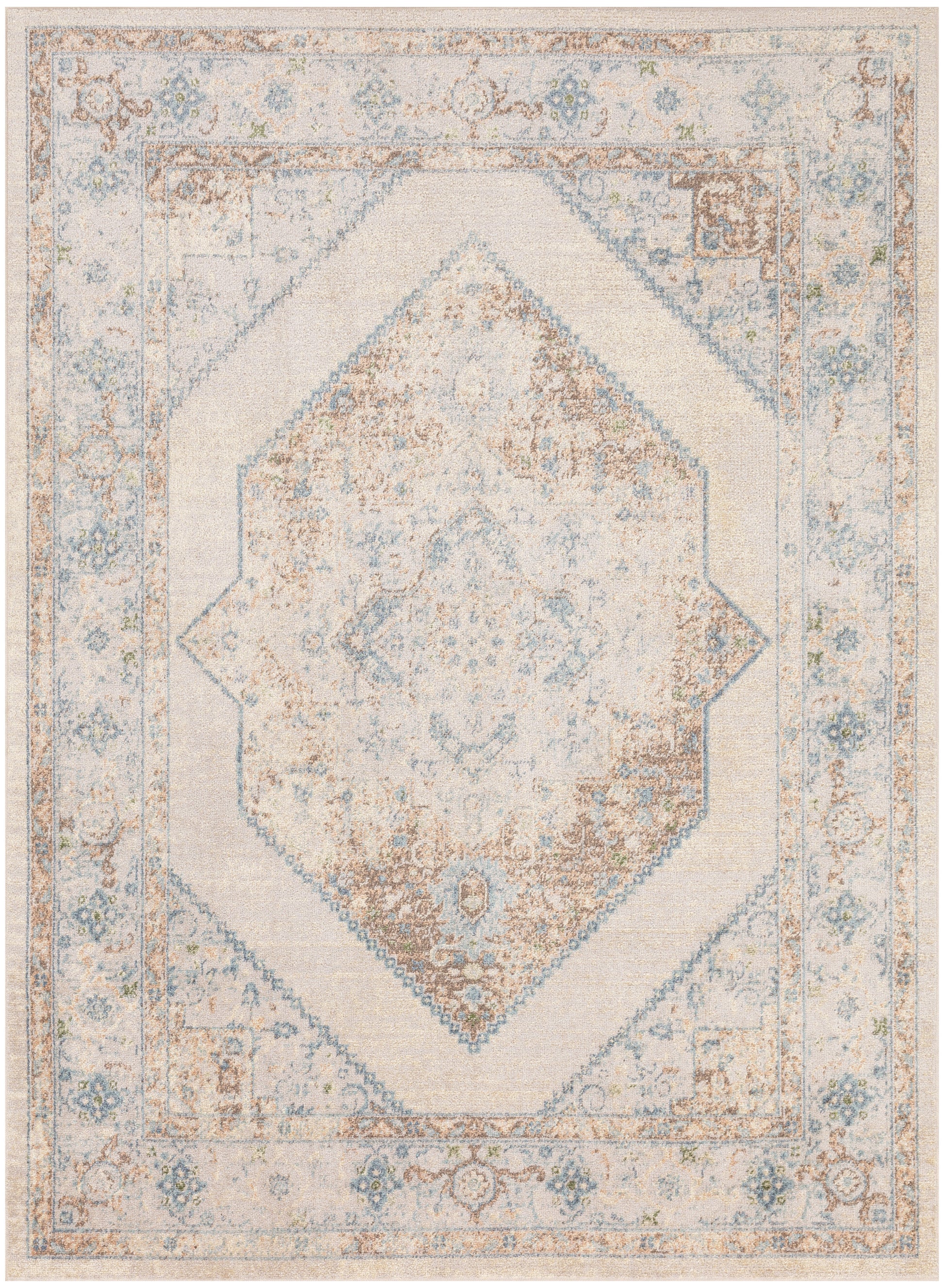 Distressed cream and pale blue oriental area rug with a central diamond medallion and antique-inspired ornate border.