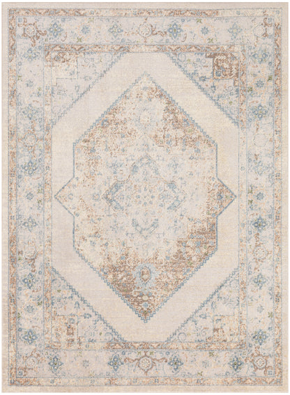 Distressed cream and pale blue oriental area rug with a central diamond medallion and antique-inspired ornate border.