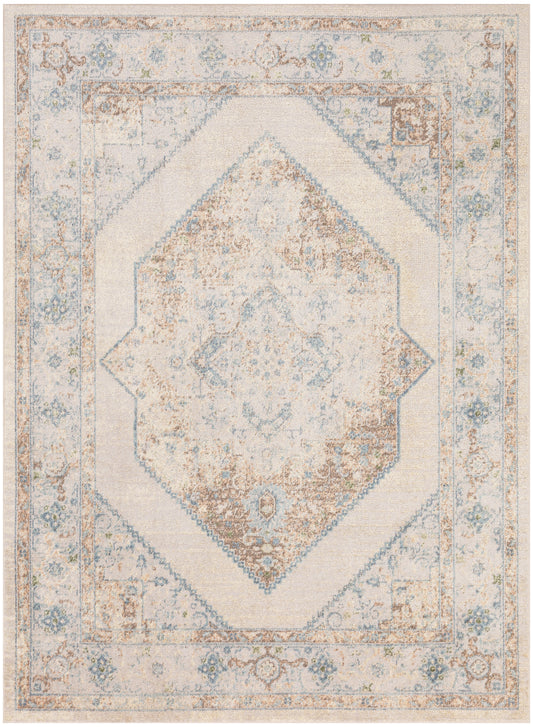 Distressed cream and pale blue oriental area rug with a central diamond medallion and antique-inspired ornate border.