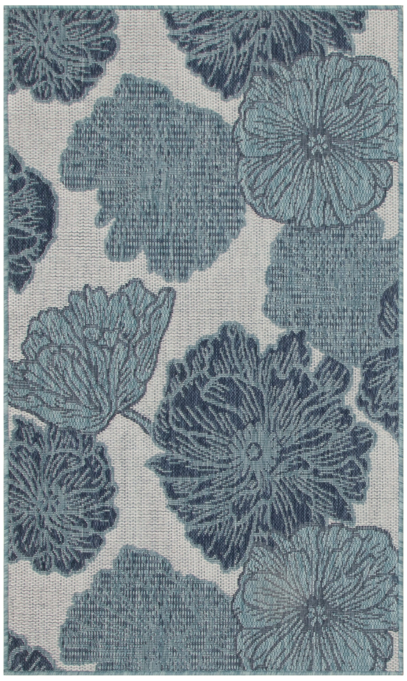 Blue-gray floral upholstery fabric with large peony-like blooms on a beige background.