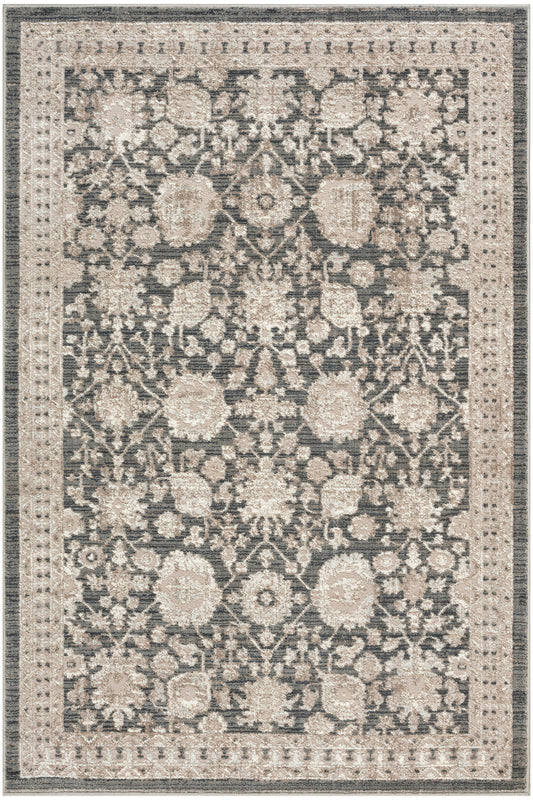Persian-inspired area rug with dark gray field, ivory floral lattice pattern, and light beige border.