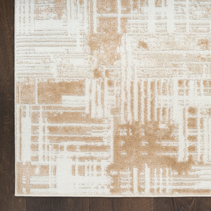 Beige & ivory geometric area rug with abstract block pattern, rectangular, modern living room decor.