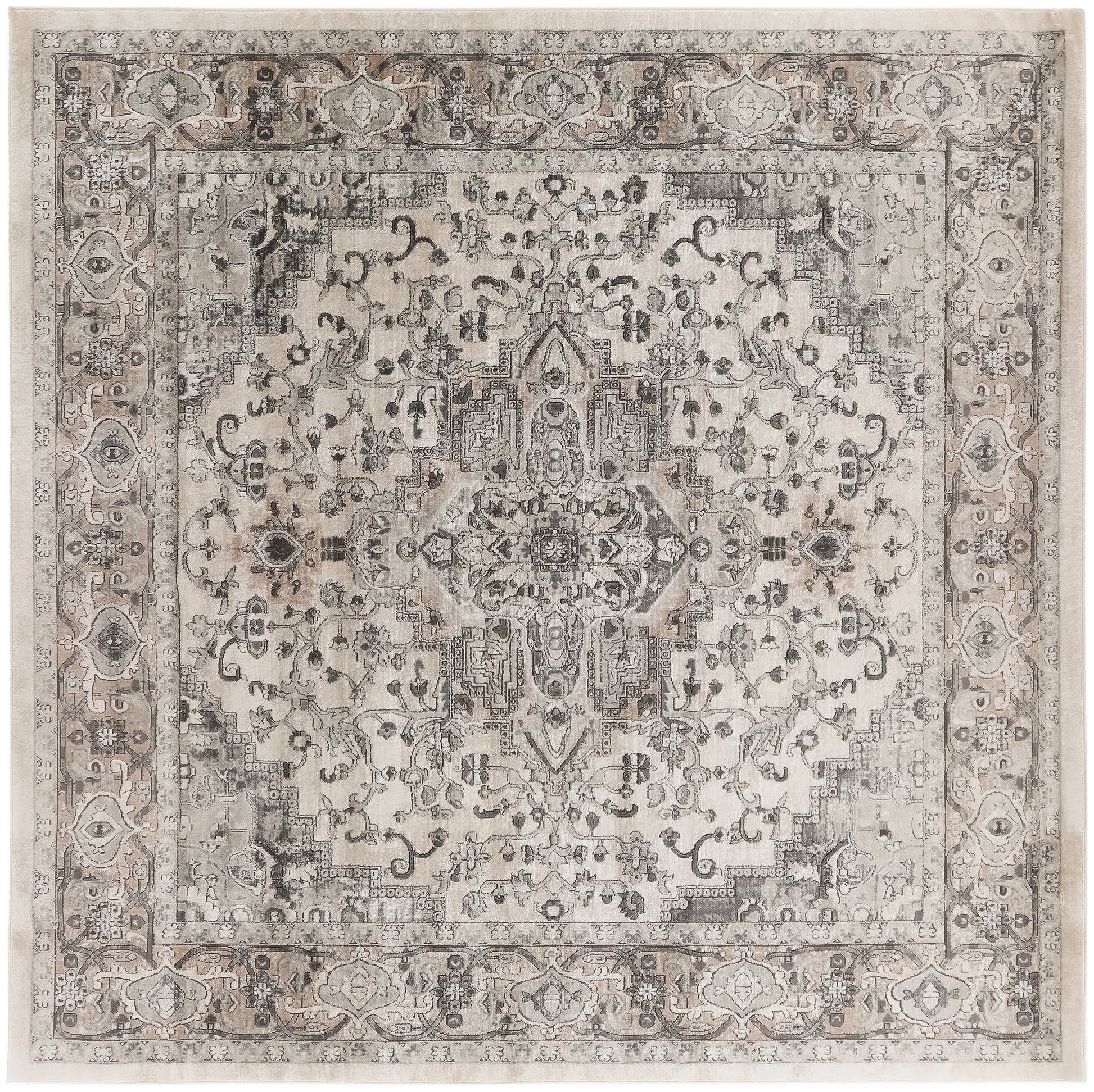 Distressed beige-gray farmhouse-style rug with a central medallion, intricate floral motifs and layered borders.