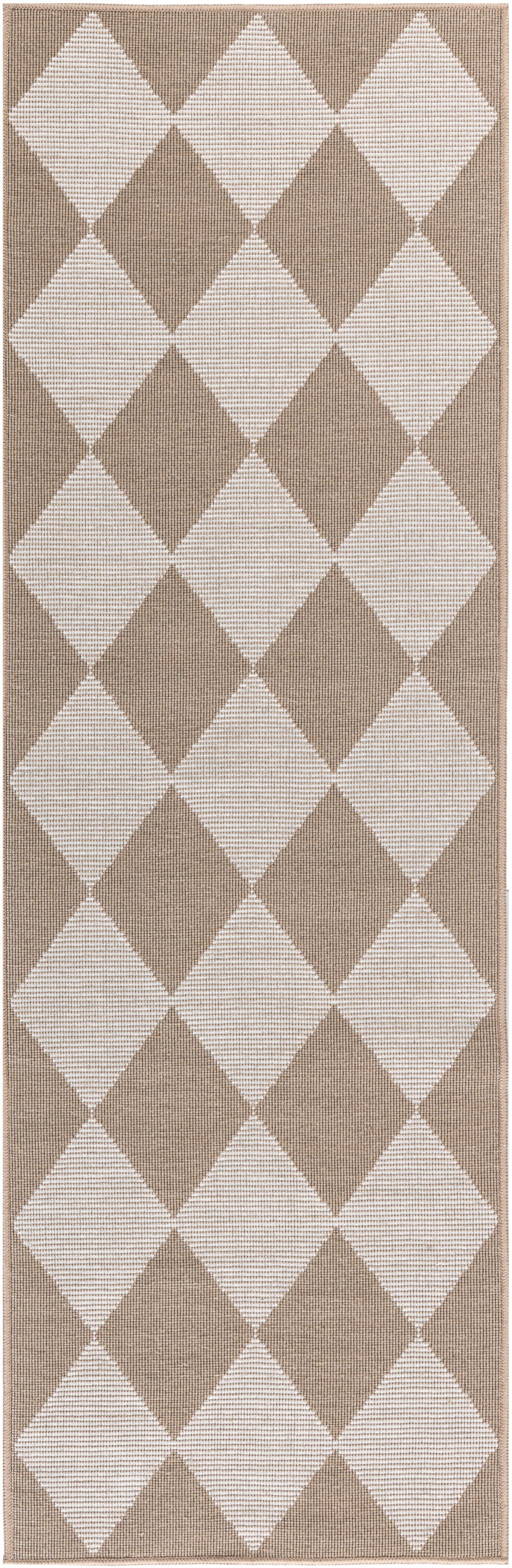 Rectangular runner rug with beige & taupe harlequin diamonds; woven texture, neutral colorway.