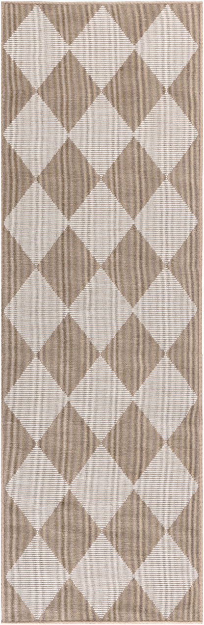 Rectangular runner rug with beige & taupe harlequin diamonds; woven texture, neutral colorway.