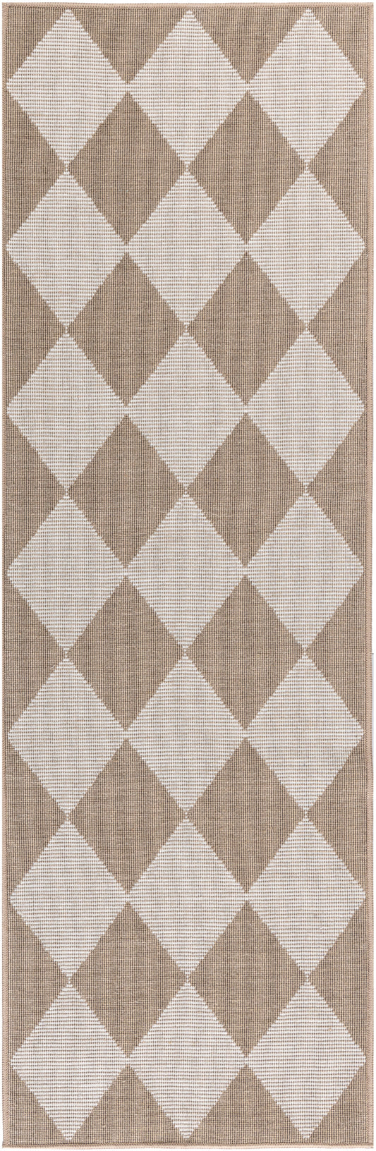 Rectangular runner rug with beige & taupe harlequin diamonds; woven texture, neutral colorway.