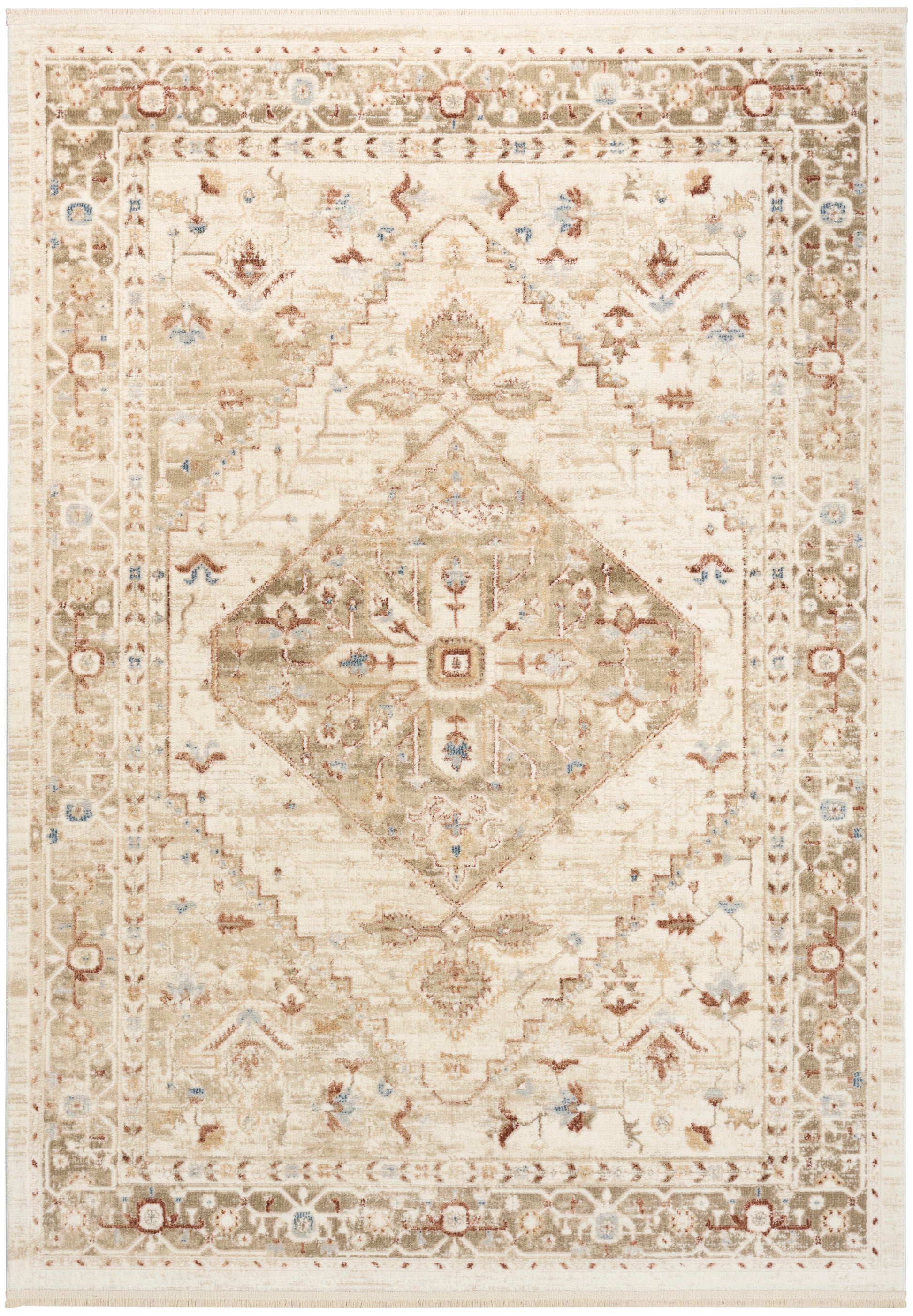 Beige oriental area rug with ivory field, central diamond medallion, brown and blue accents, floral border.