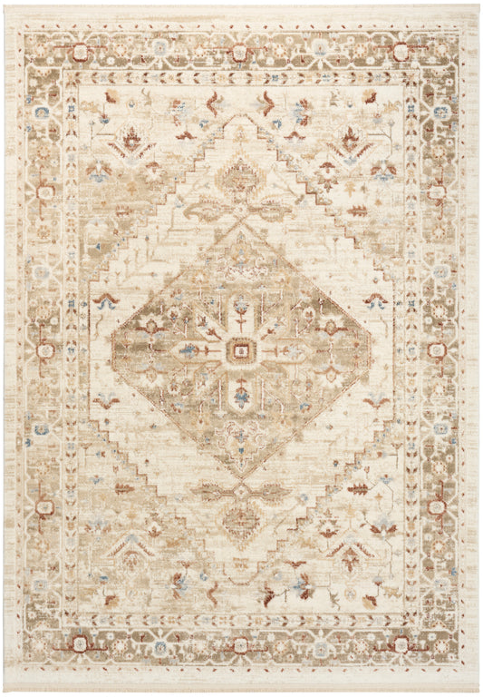 Beige oriental area rug with ivory field, central diamond medallion, brown and blue accents, floral border.