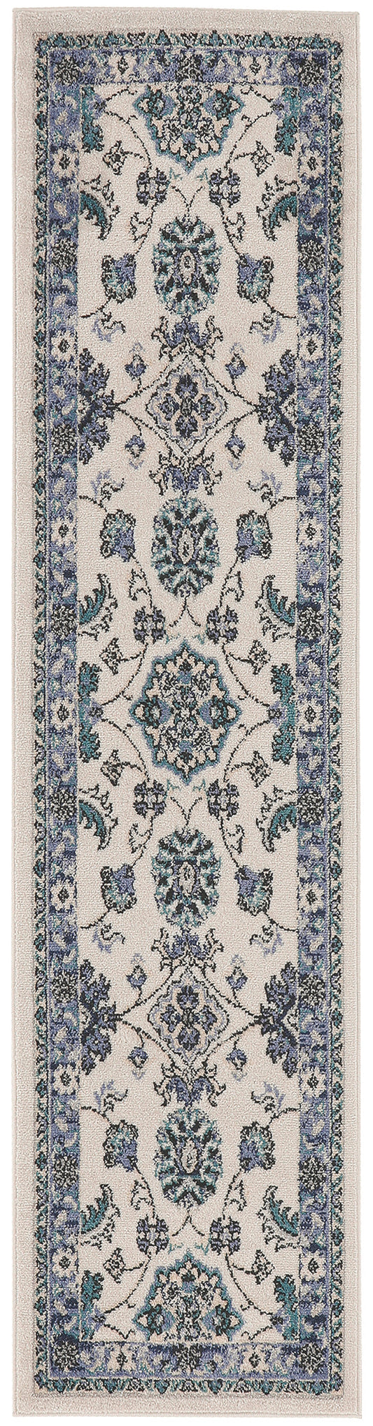 Long beige runner rug with blue-teal and navy floral medallions and scrolling border in a Persian-inspired pattern.