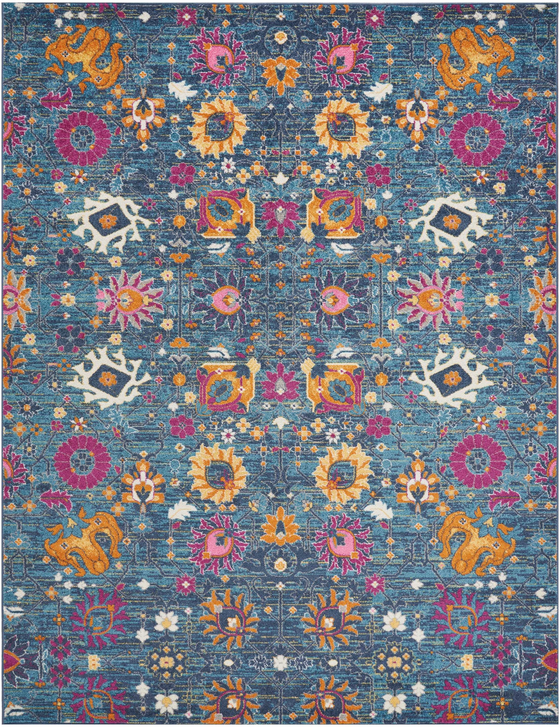 Vibrant teal rug with ornate oriental floral motifs in orange, pink, yellow and purple.