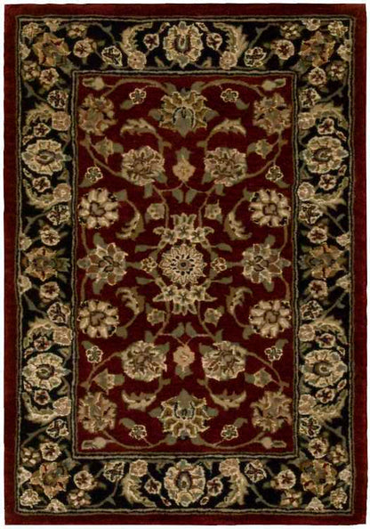 Rectangular Persian-style rug: burgundy field with ivory floral medallions and scrolling vines, bordered by a dark border with beige floral motifs.