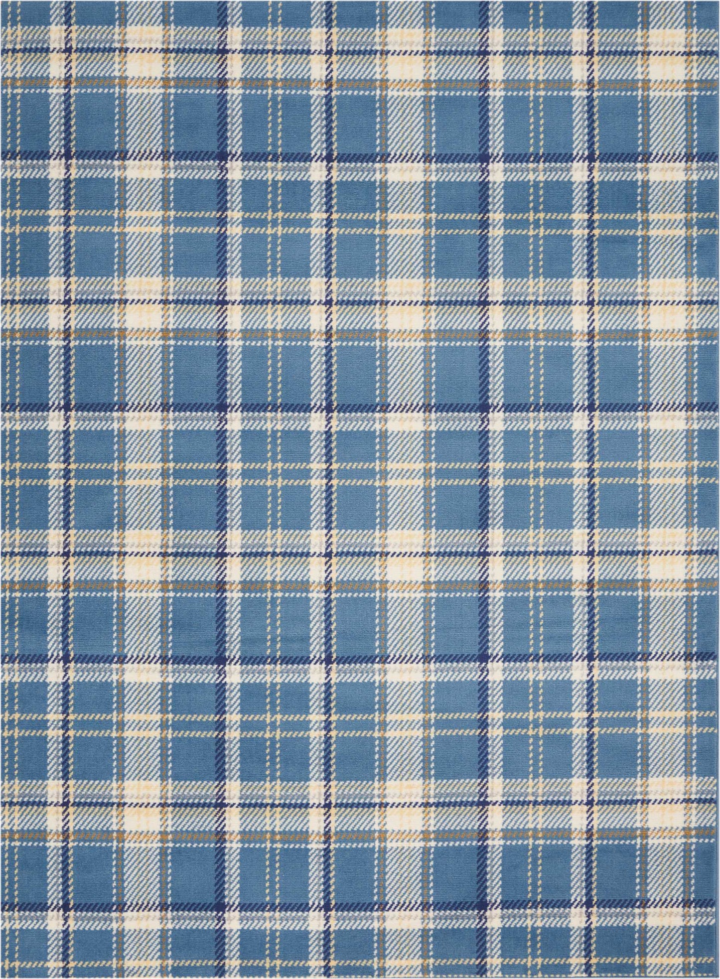 Blue plaid fabric with white and beige stripes in a classic tartan weave.