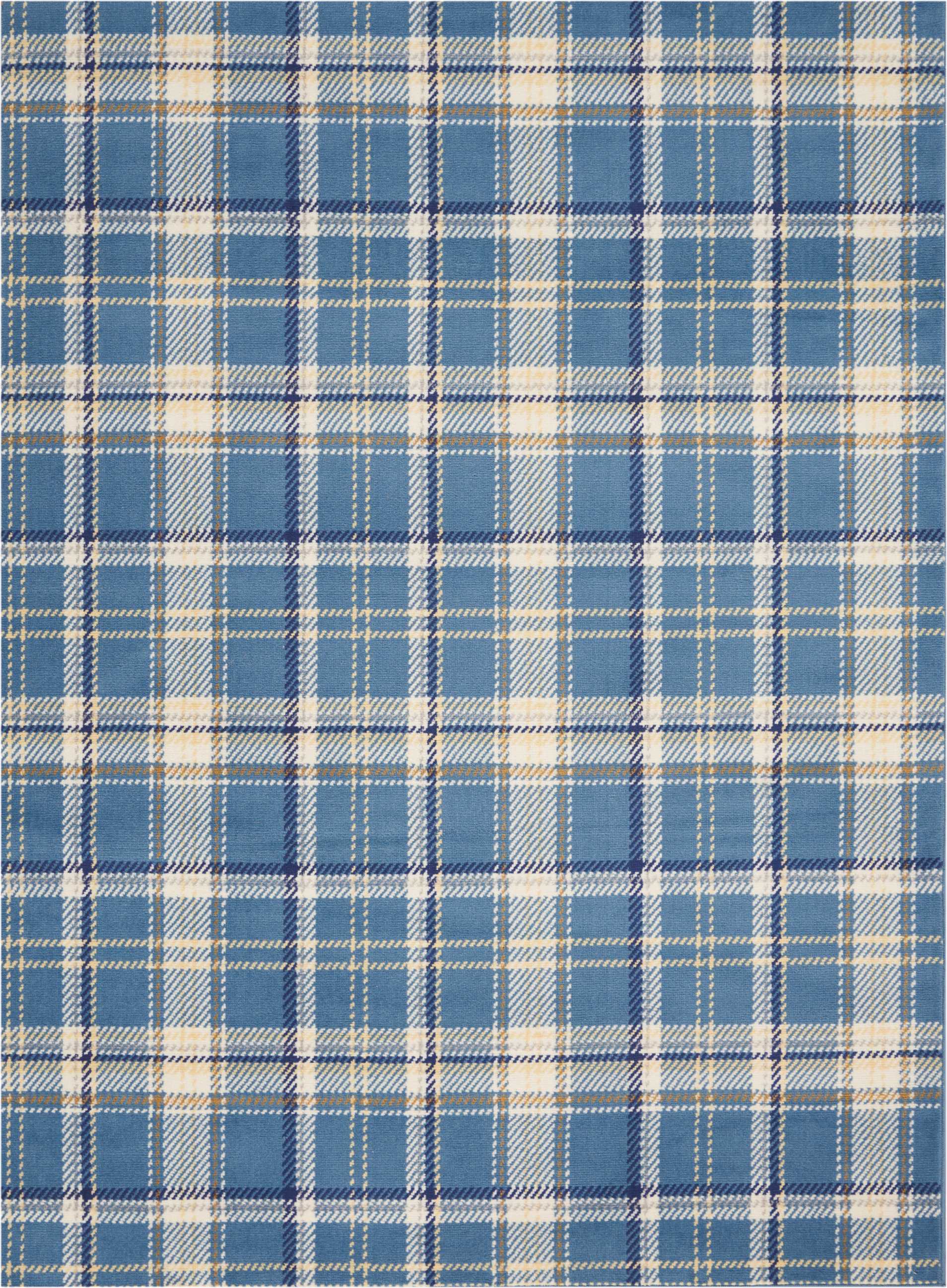 Blue plaid fabric with white and beige stripes in a classic tartan weave.