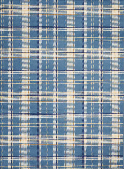 Blue plaid fabric with white and beige stripes in a classic tartan weave.