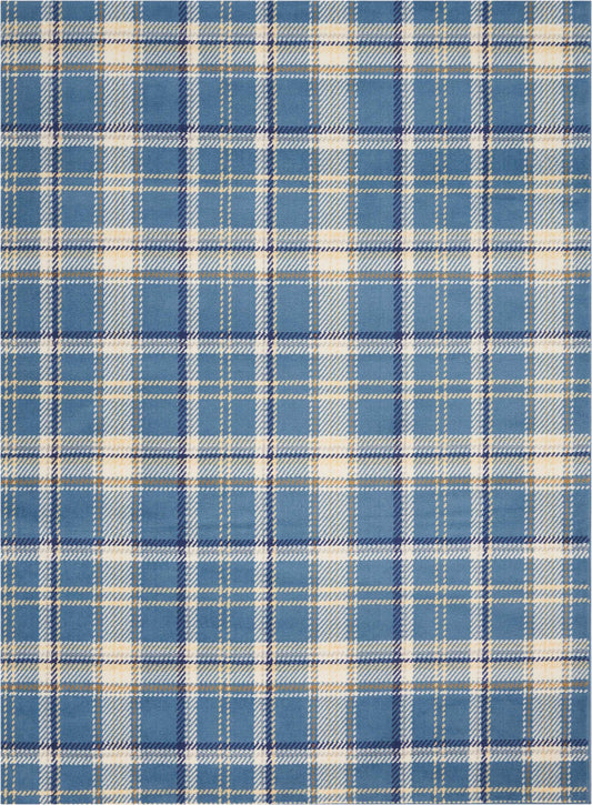 Blue plaid fabric with white and beige stripes in a classic tartan weave.