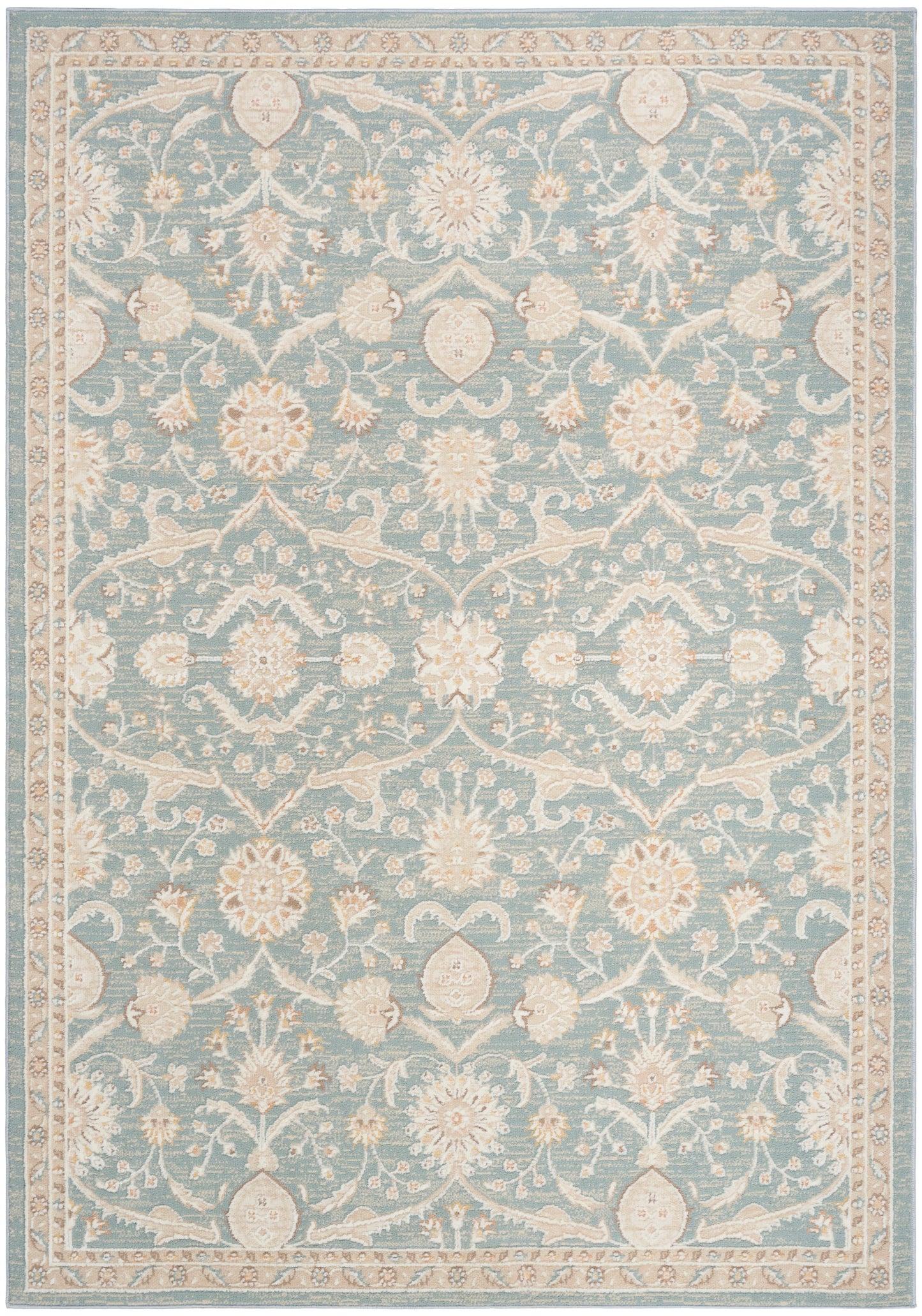 Blue-green oriental rug with ivory floral medallions and vines; ornate beige border.