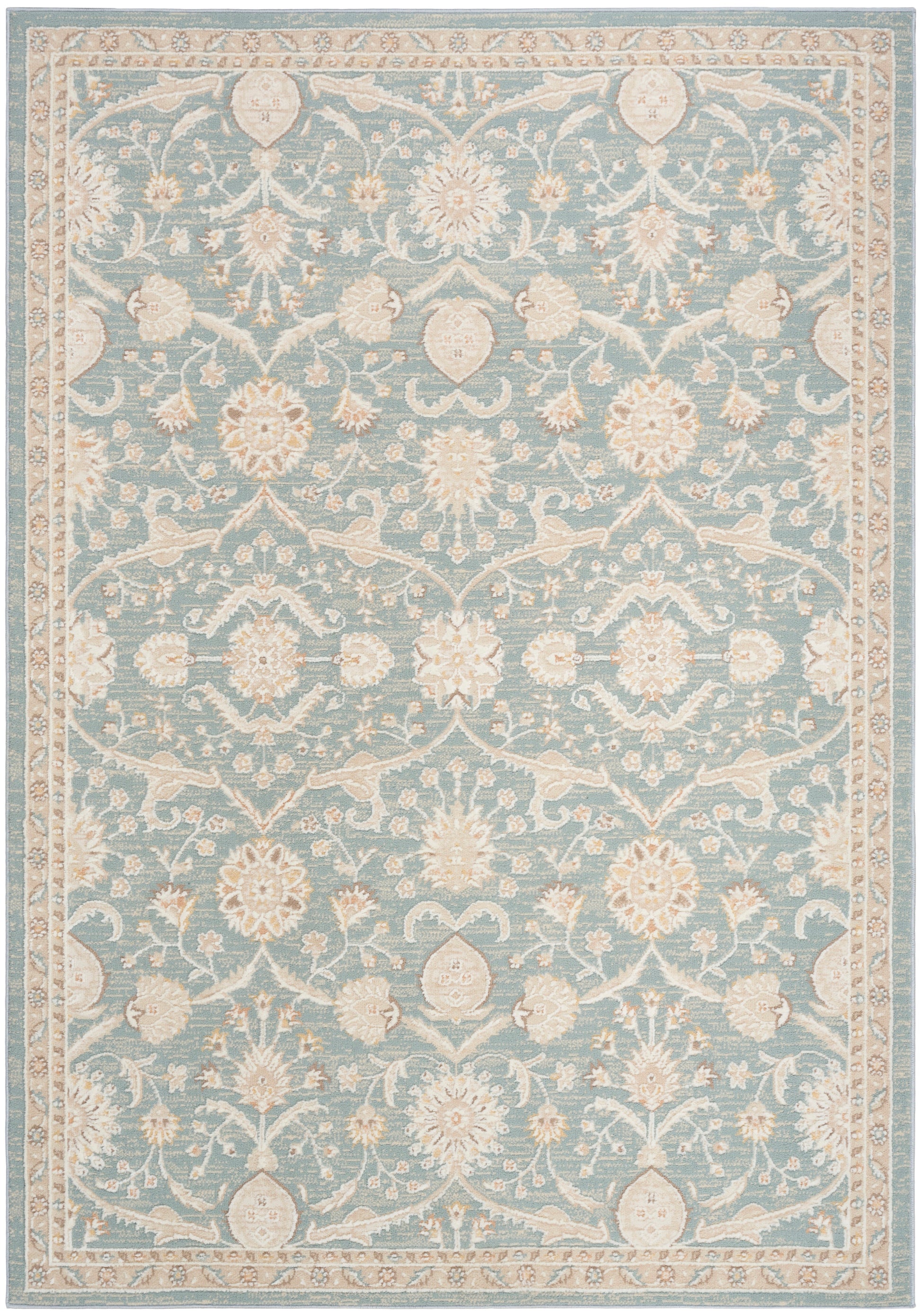Blue-green oriental rug with ivory floral medallions and vines; ornate beige border.