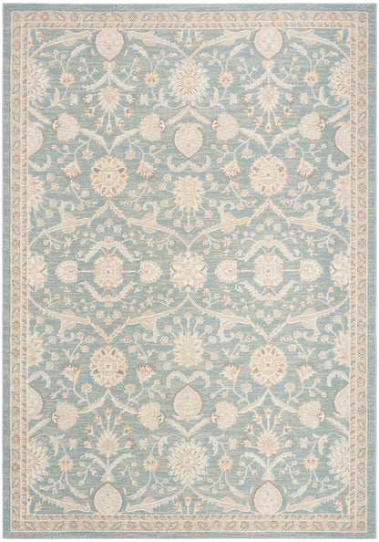 Blue-green oriental rug with ivory floral medallions and vines; ornate beige border.