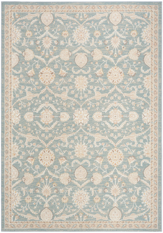 Blue-green oriental rug with ivory floral medallions and vines; ornate beige border.