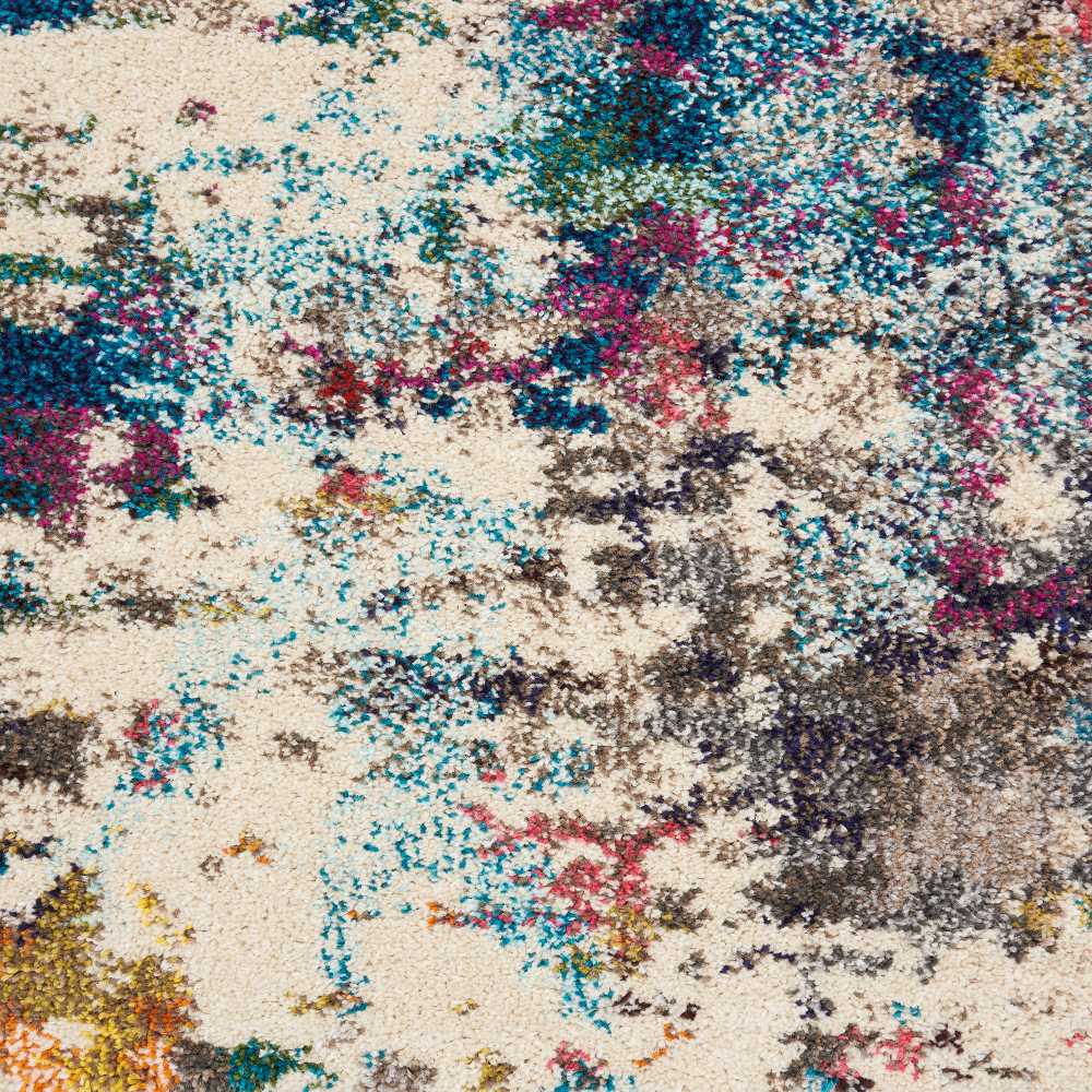 Abstract modern rug with cream base and bold splashes of teal, blue, pink, purple and brown.