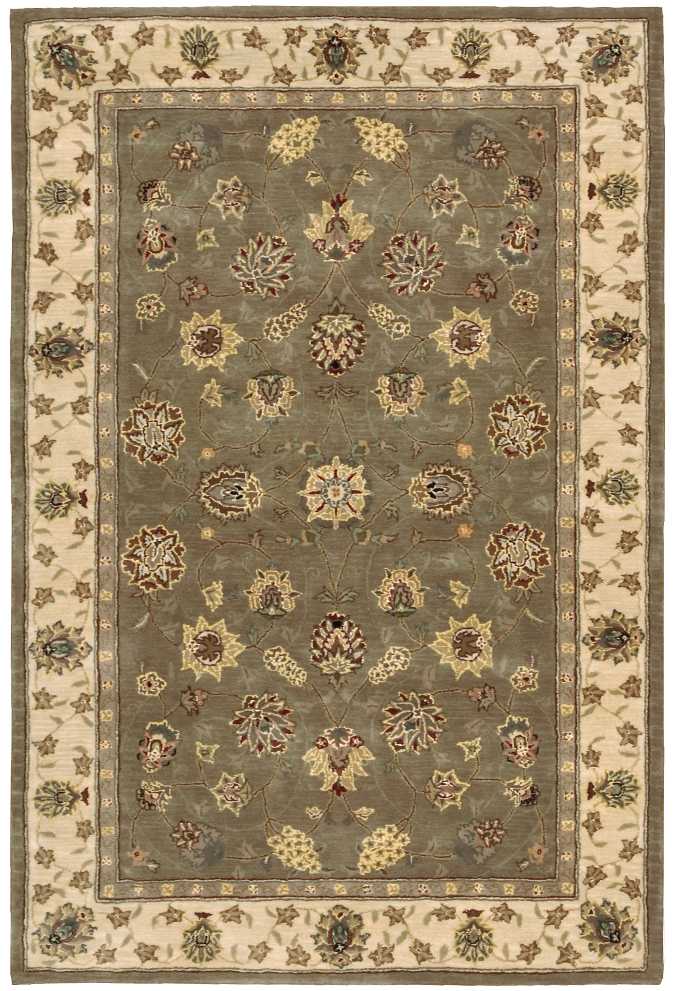 Grey-blue oriental rug with multicolor floral medallions; ivory outer border & cream inner borders, Persian design.