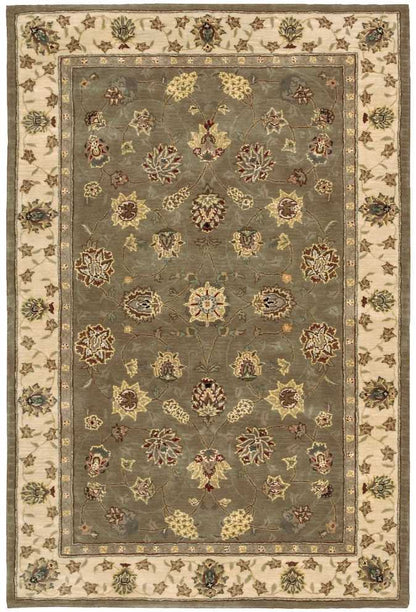 Grey-blue oriental rug with multicolor floral medallions; ivory outer border & cream inner borders, Persian design.