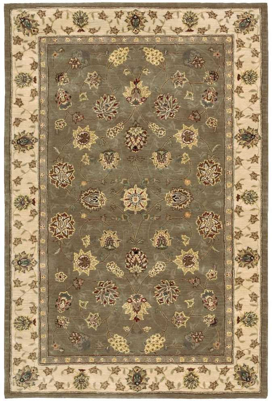 Grey-blue oriental rug with multicolor floral medallions; ivory outer border & cream inner borders, Persian design.