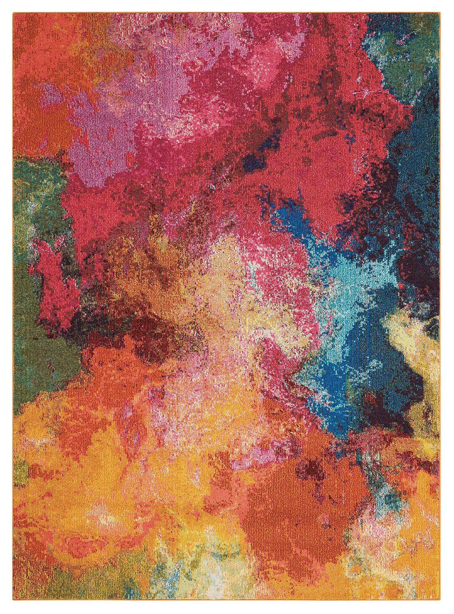 Abstract multicolor rug with bold paint-splatter design in red, pink, orange, yellow, blue, green.