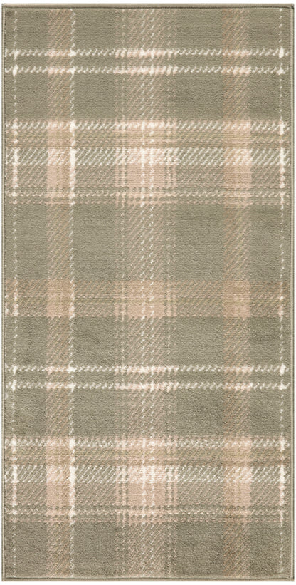 Rectangular taupe plaid textile with beige cream checks; soft woven fabric, suitable as scarf or throw.