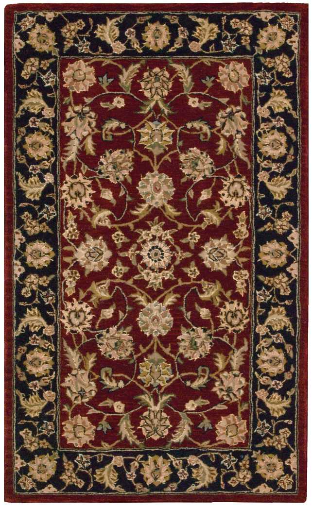 Rectangular Persian-style rug with burgundy field and ivory floral motifs, and a dark navy border with scrolling blossoms.