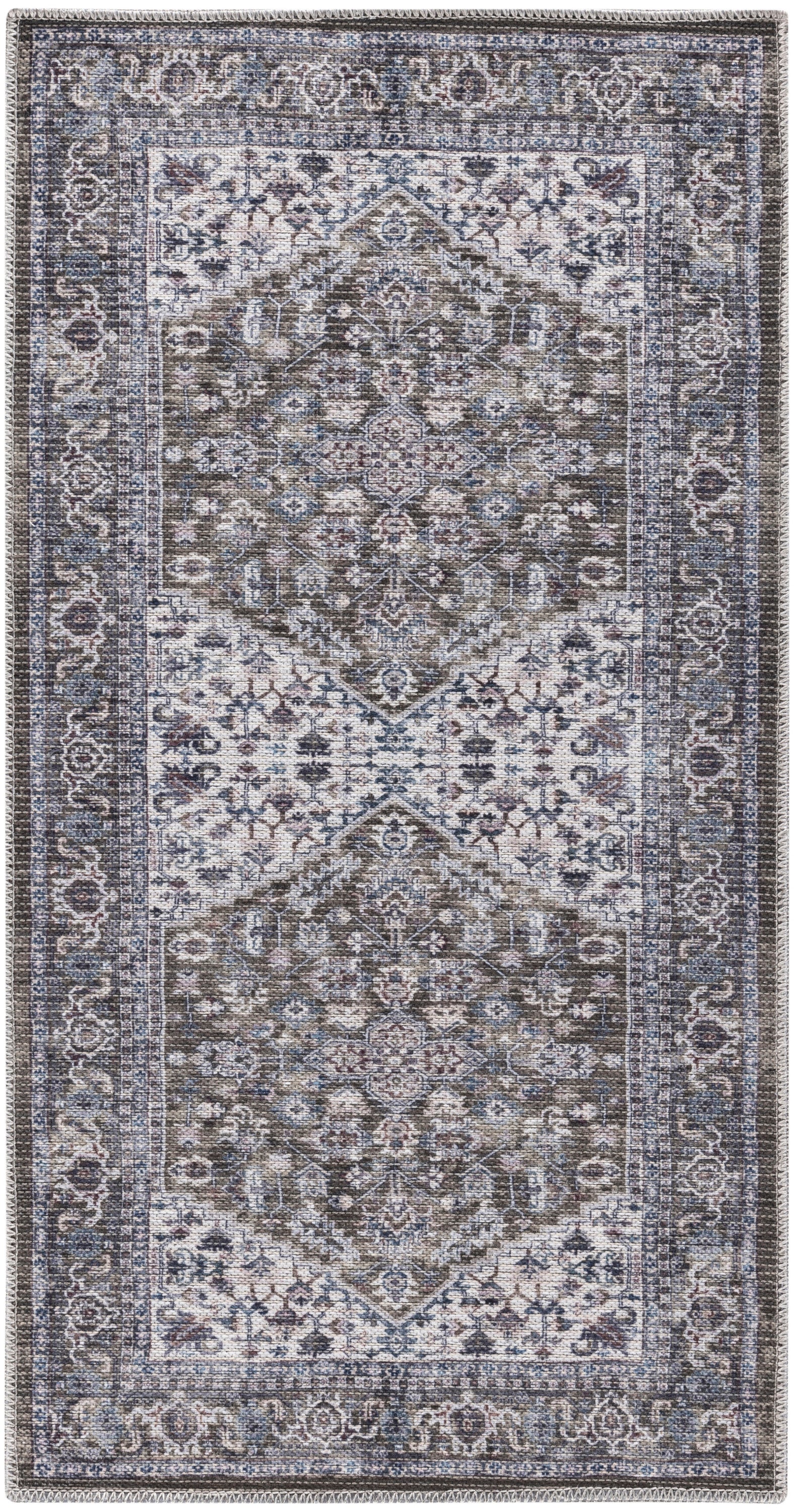 Rectangular Persian-style rug in blue, taupe and ivory, featuring central medallions, ornate borders, and fringed ends.